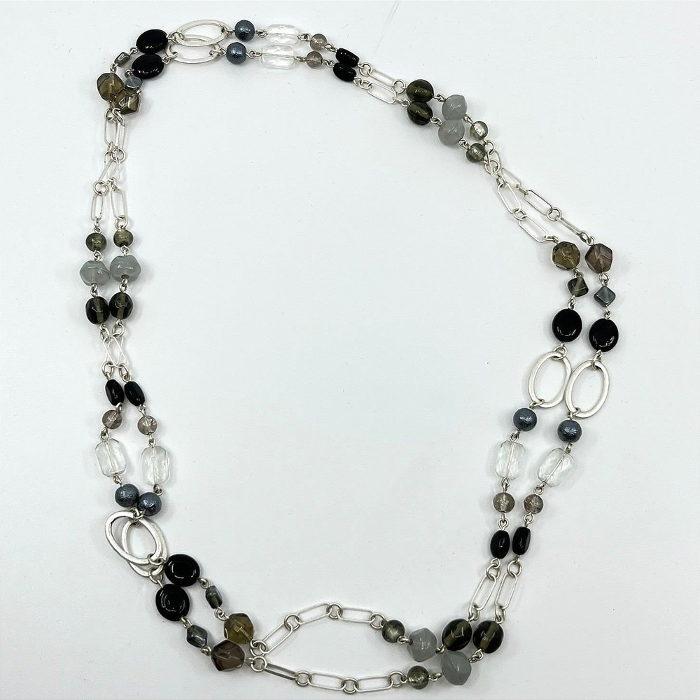 Vintage Silver‎ Tone Long Station Necklace Mixed Glass & Smoky Stone Beads